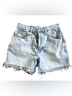 PacSun 90's Girlfriend Cut Off Denim Shorts Light Blue Fringe Button Pockets- 26